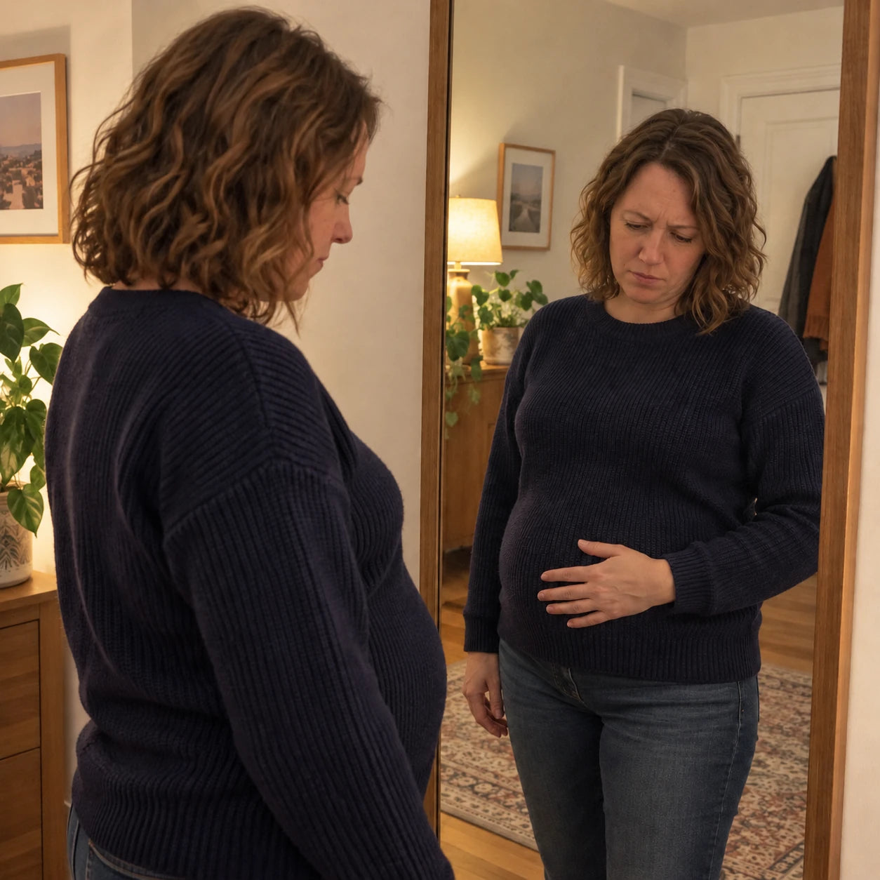 Woman looking at her bloated stomach in a mirror