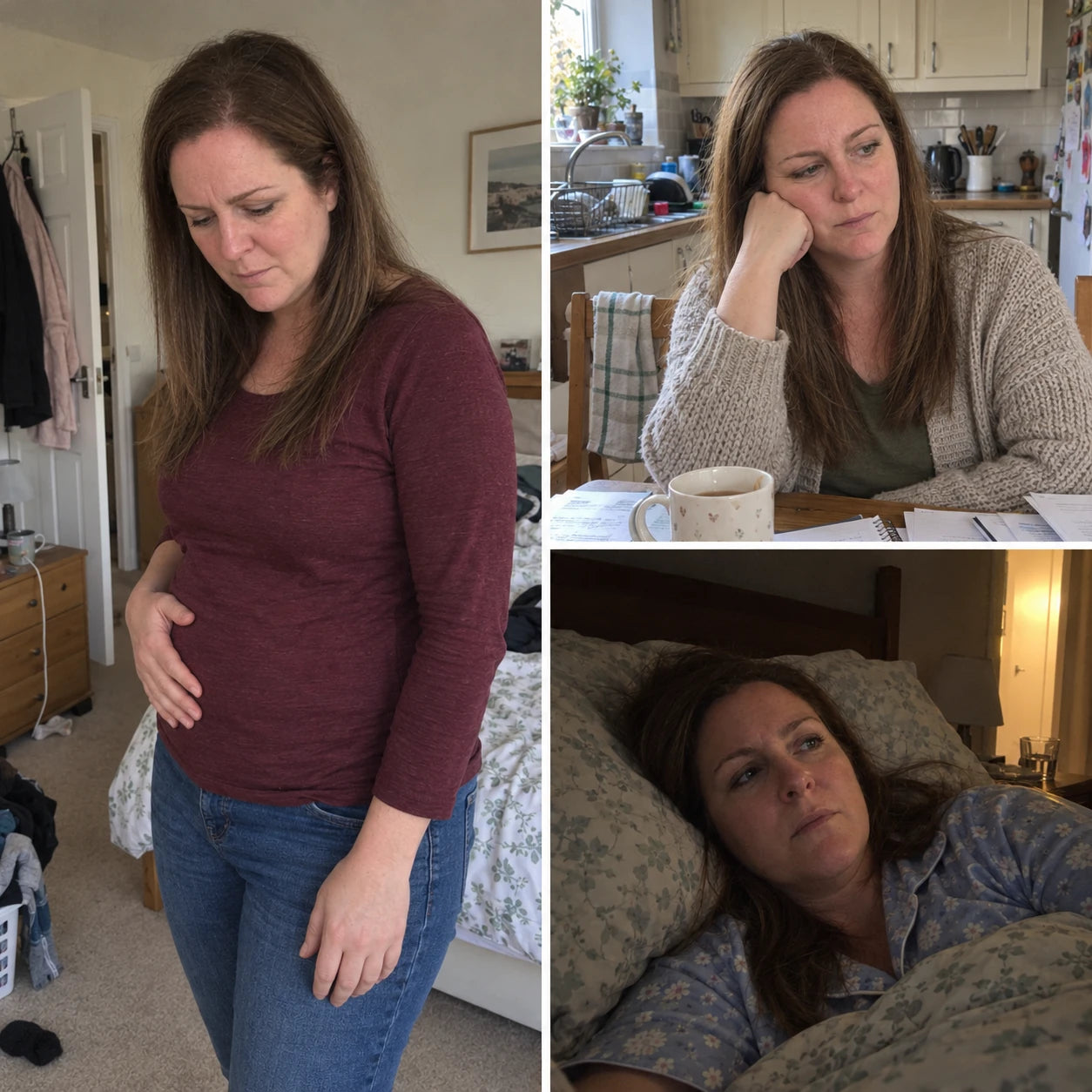 Three scenes of a woman holding her uncomfortable stomach, looking distracted at her kitchen table and lying awake at night