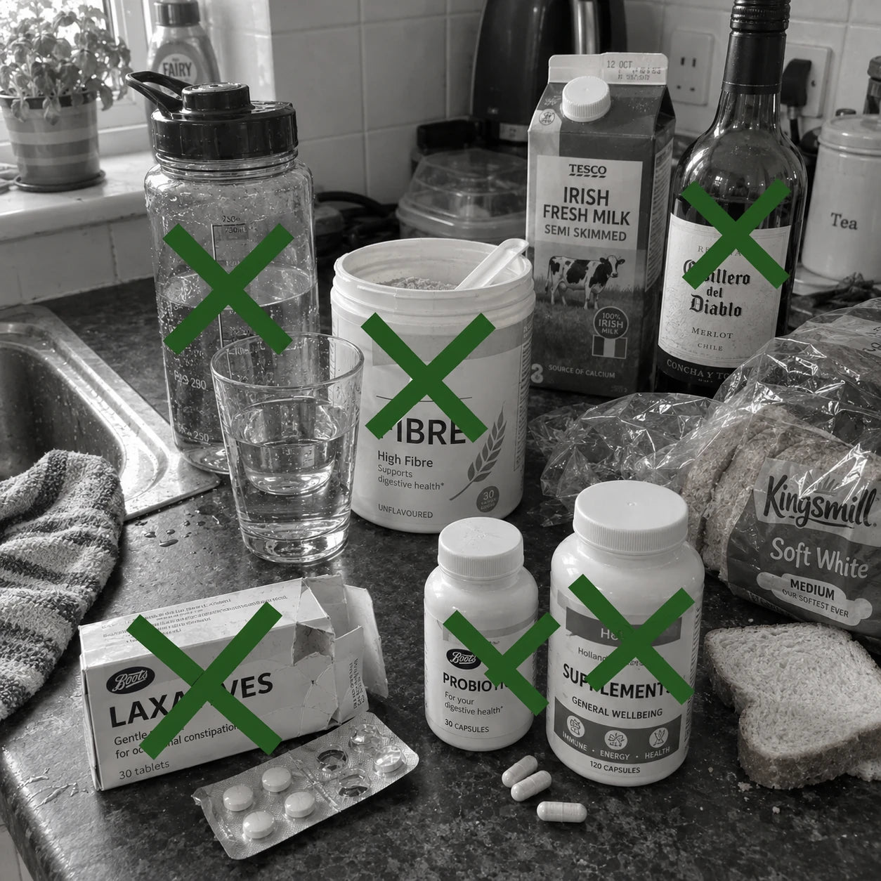 Water, fibre, bread, milk, wine, laxatives and supplements in greyscale with green X marks
