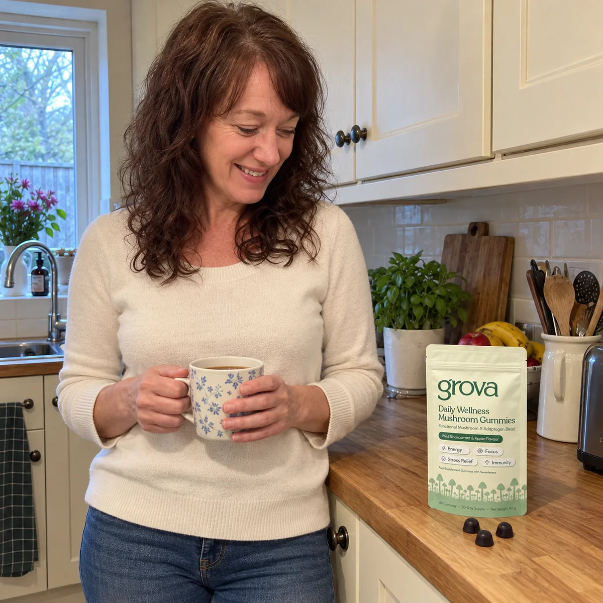 Illustrative scene of a woman enjoying tea in her tidy kitchen with a Grova pouch and three gummies on the counter