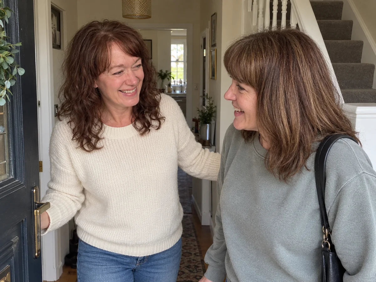 Illustrative scene of two sisters laughing together at the front door