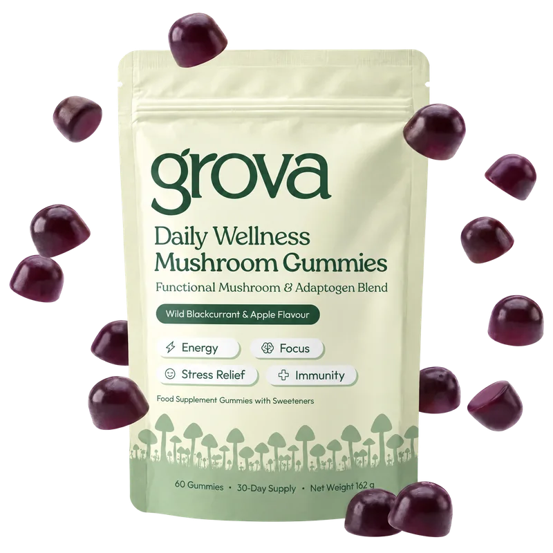 Grova Daily Wellness Mushroom Gummies pouch with blackcurrant and apple gummies