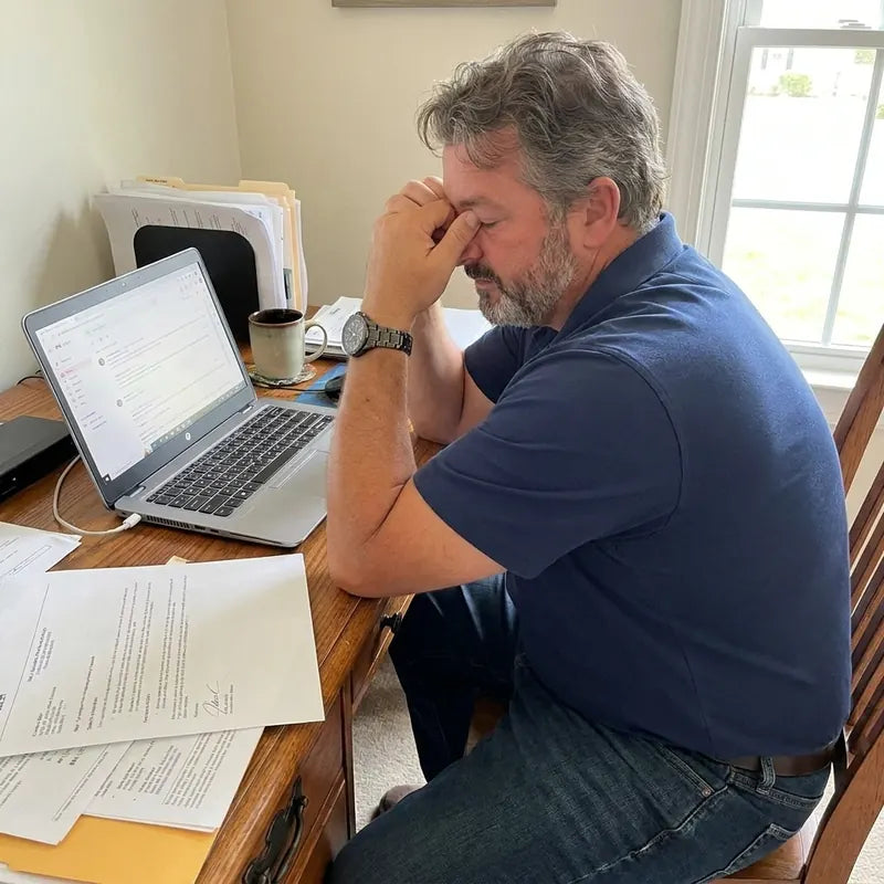 Tired man struggling to concentrate at his laptop