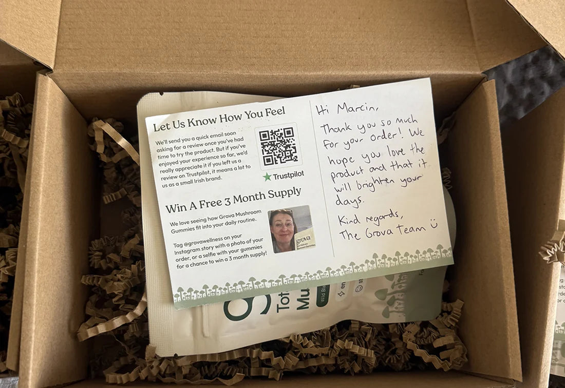 A handwritten thank-you note tucked into an early Grova order.